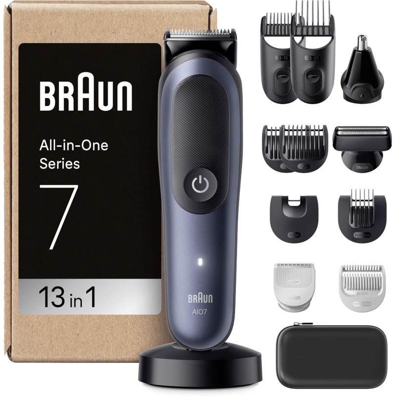 Braun Rifinitore All-In-One Series 7 AIO7565, Rasoio Elettrico Barba E Capelli 13In1 Con Lama ProBlade E Tecnologia AutoSense, 120 Min. Di Autonomia, Pettini Aree Sensibili E Sfumatura, Wet&Dry, Blu