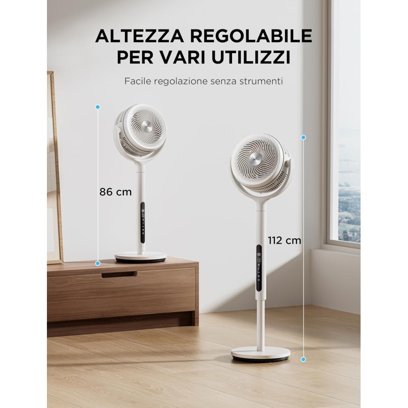 Midea MCF25GRW Ventilatore a Piantana Silenzioso 21db, 135°+120° Omnidirezionale Oscillazione, Motore DC & Doppia Lama, 12 Velocità & 24m Distanza, Timer 15H con Telecomando, Altezza Regolabile
