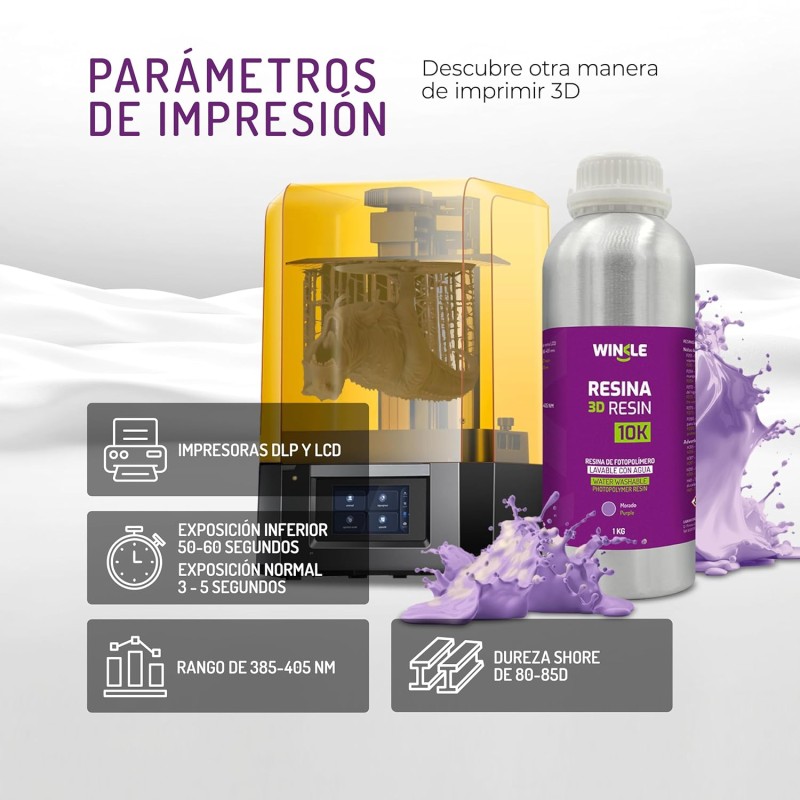 WINKLE Resina 3D 10K Bianco 1kg | Stampante 3D Resina | Resina lavabile in acqua | Stampanti DLP e LCD | Resistente agli urti | Alta precisione e basso odore | Finitura dettagliata - cristal blanco