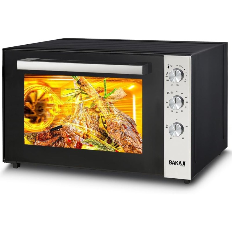 Bakaji Forno Fornetto Elettrico Ventilato Capacità 70 litri Potenza 2500W Temperatura Regolabile fino 250° 2 Ventilazioni Elenti Riscaldanti Acciaio Luce Interna Funzione Timer (70 Litri) - 70 Litri