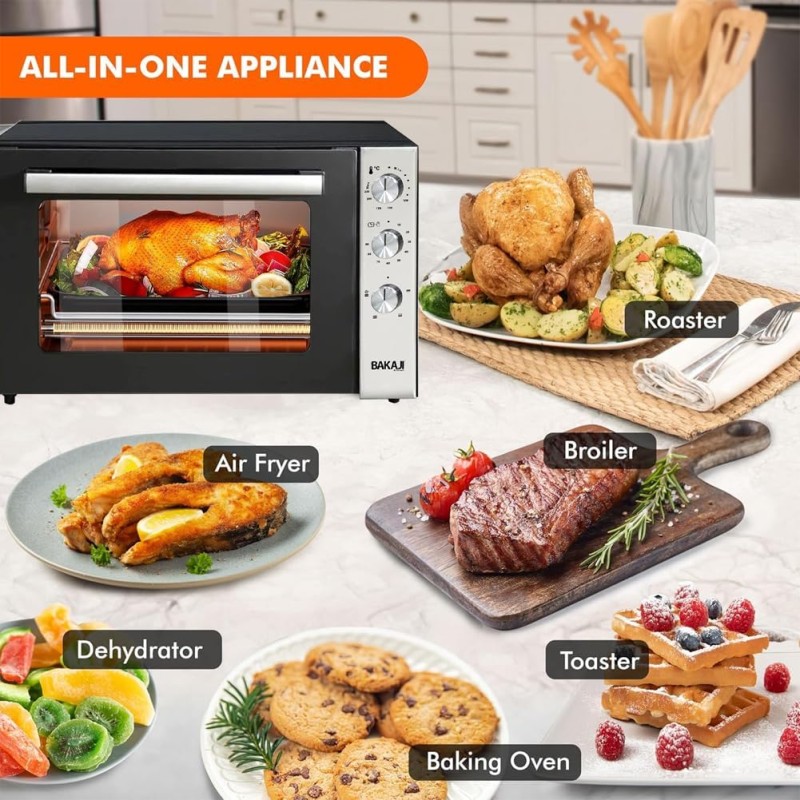 Bakaji Forno Fornetto Elettrico Ventilato Capacità 70 litri Potenza 2500W Temperatura Regolabile fino 250° 2 Ventilazioni Elenti Riscaldanti Acciaio Luce Interna Funzione Timer (70 Litri) - 70 Litri