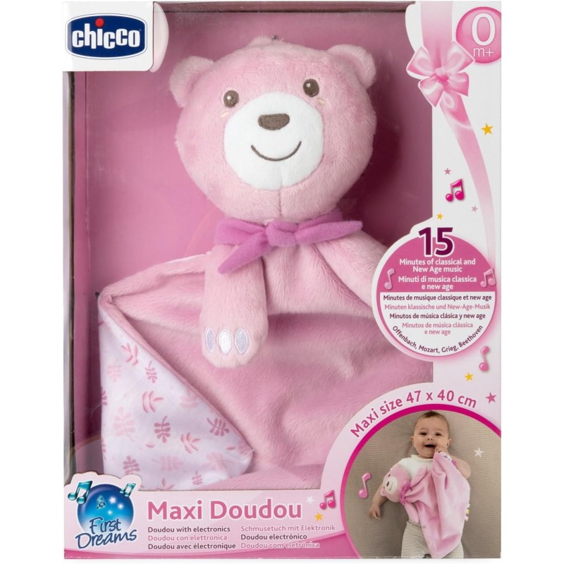 Chicco Gioco Maxi Doudou, Peluche in Morbido Velluto A Forma di Orsetto, con Musica Classica e New Age, Doudou Neonato, Lavabile in Lavatrice, Morbido da Coccolare, Da 0+ Mesi, Rosa, Regalo Neonato