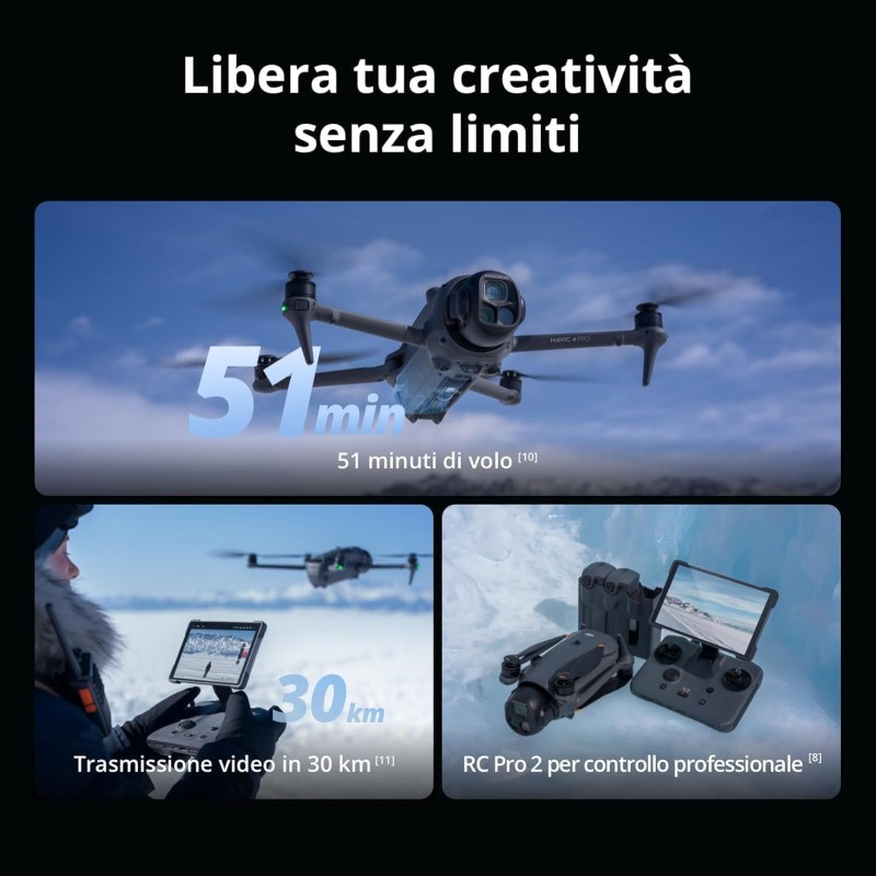 DJI Mavic 4 Pro Combo Fly More con DJI RC 2, drone con tripla fotocamera dotato di 100 MP fotocamera Hasselblad con CMOS 4/3, trasmissione video a 30 km, volo fino a 51 minuti, hub di ricarica e altro