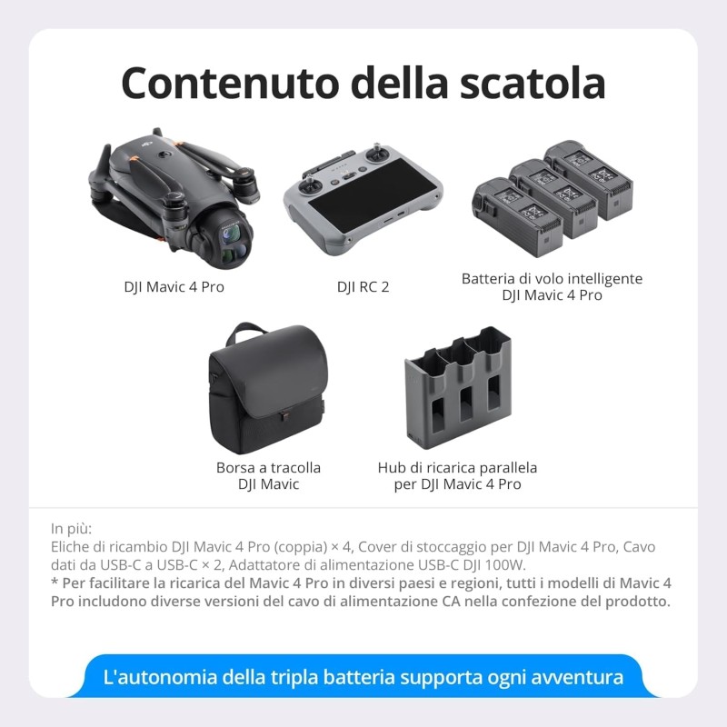 DJI Mavic 4 Pro Combo Fly More con DJI RC 2, drone con tripla fotocamera dotato di 100 MP fotocamera Hasselblad con CMOS 4/3, trasmissione video a 30 km, volo fino a 51 minuti, hub di ricarica e altro