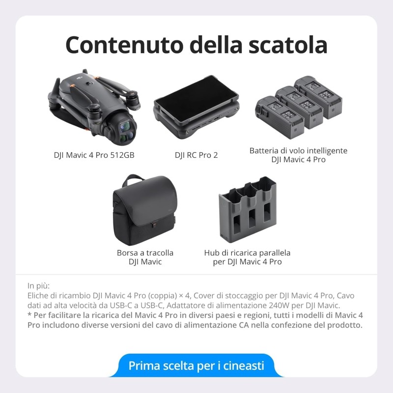 DJI Mavic 4 Pro Combo Creator 512 GB con DJI RC Pro 2, drone con tripla fotocamera dotato di fotocamera Hasselblad da 100 MP con CMOS 4/3, volo fino a 51 minuti, tre batterie, hub di ricarica e altro