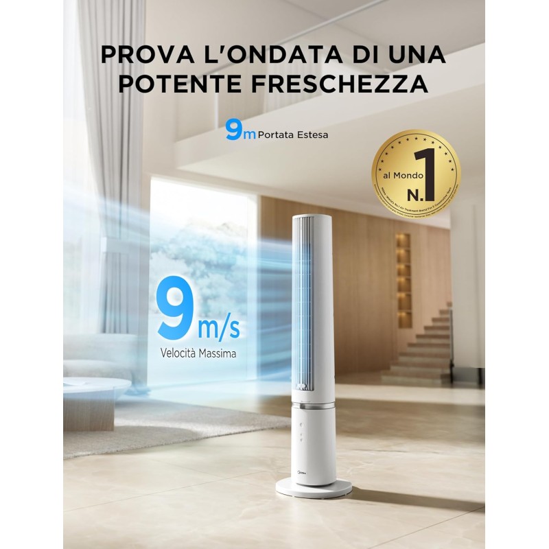 Midea MTF25FRG 40‘’ Ventilatore a Torre Silenzioso per Casa e Camera da Letto, Raffreddamento Potente 9 m/s, Telecomando Omni, 90° Oscillazione, Design Smontabile e Lavabile, 4 Velocità, Bianco