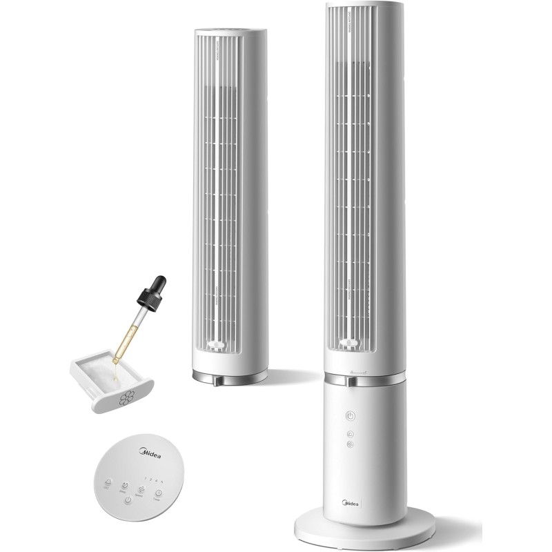 Midea MTF25FRG 40‘’ Ventilatore a Torre Silenzioso per Casa e Camera da Letto, Raffreddamento Potente 9 m/s, Telecomando Omni, 90° Oscillazione, Design Smontabile e Lavabile, 4 Velocità, Bianco