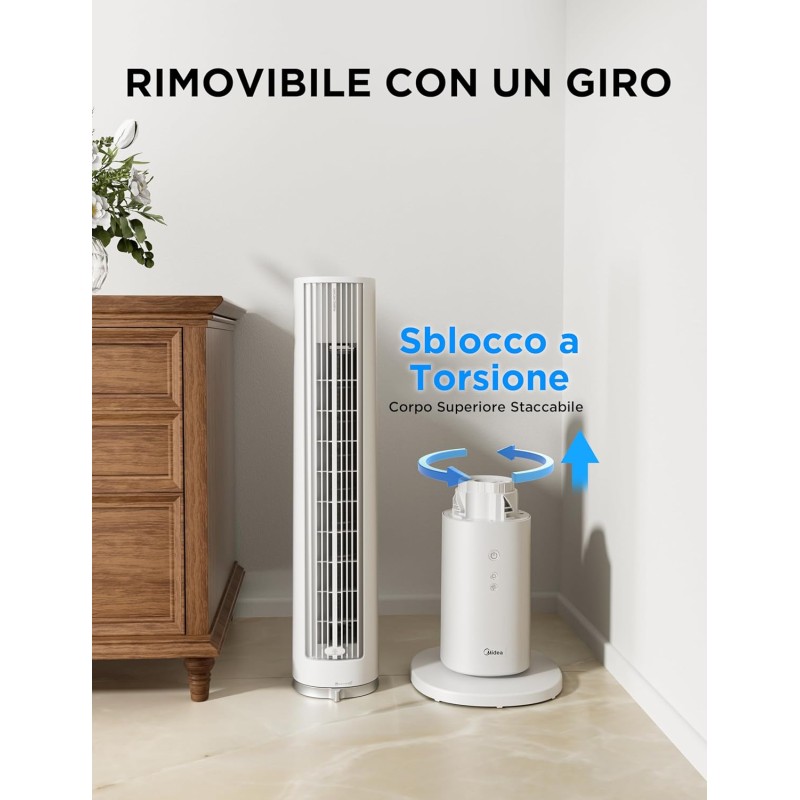 Midea MTF25FRG 40‘’ Ventilatore a Torre Silenzioso per Casa e Camera da Letto, Raffreddamento Potente 9 m/s, Telecomando Omni, 90° Oscillazione, Design Smontabile e Lavabile, 4 Velocità, Bianco