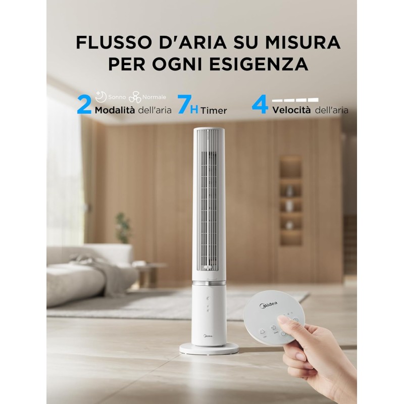 Midea MTF25FRG 40‘’ Ventilatore a Torre Silenzioso per Casa e Camera da Letto, Raffreddamento Potente 9 m/s, Telecomando Omni, 90° Oscillazione, Design Smontabile e Lavabile, 4 Velocità, Bianco