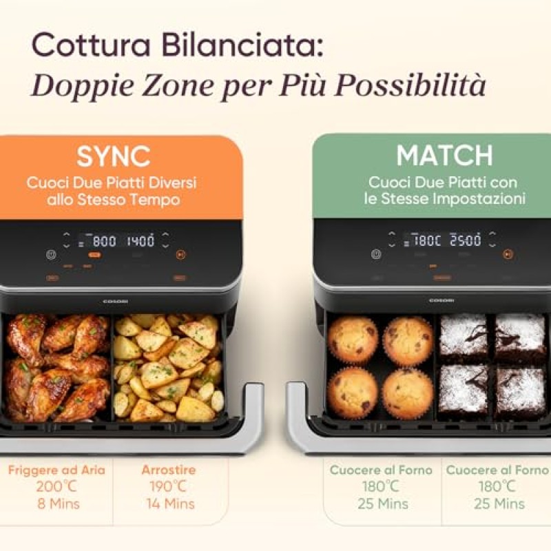 COSORI Friggitrice ad Aria 10 Litri, 7 in 1 Doppia Resistenza TwinFry con Doppio Cestello 5L&5L e Separatore Rimovibile, 2800W Air Fryer WiFi, 40-240℃, 70 Ricette Online, TF-102S - 10 L Grigio Profondo
