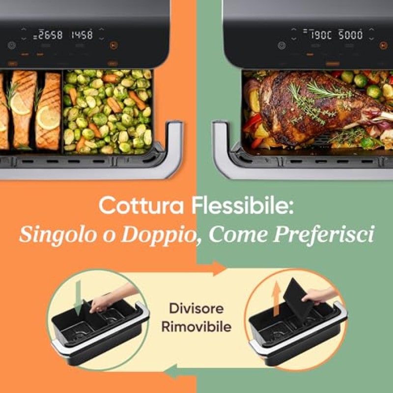 COSORI Friggitrice ad Aria 10 Litri, 7 in 1 Doppia Resistenza TwinFry con Doppio Cestello 5L&5L e Separatore Rimovibile, 2800W Air Fryer WiFi, 40-240℃, 70 Ricette Online, TF-102S - 10 L Grigio Profondo