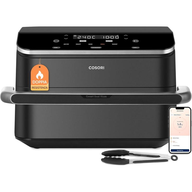 COSORI Friggitrice ad Aria 10 Litri, 7 in 1 Doppia Resistenza TwinFry con Doppio Cestello 5L&5L e Separatore Rimovibile, 2800W Air Fryer WiFi, 40-240℃, 70 Ricette Online, TF-102S - 10 L Grigio Profondo