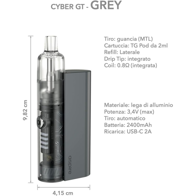 Aspire Cyber GT Sigaretta elettronica 3,4V per svapo di guancia (MTL) - Pod Mod con Batteria 2400mAh, TG Pod da 3ml con Drip Tip integrato e coil 0.8Ω - Senza Sticks, E-liquids, Ricariche (Grey) - Grey