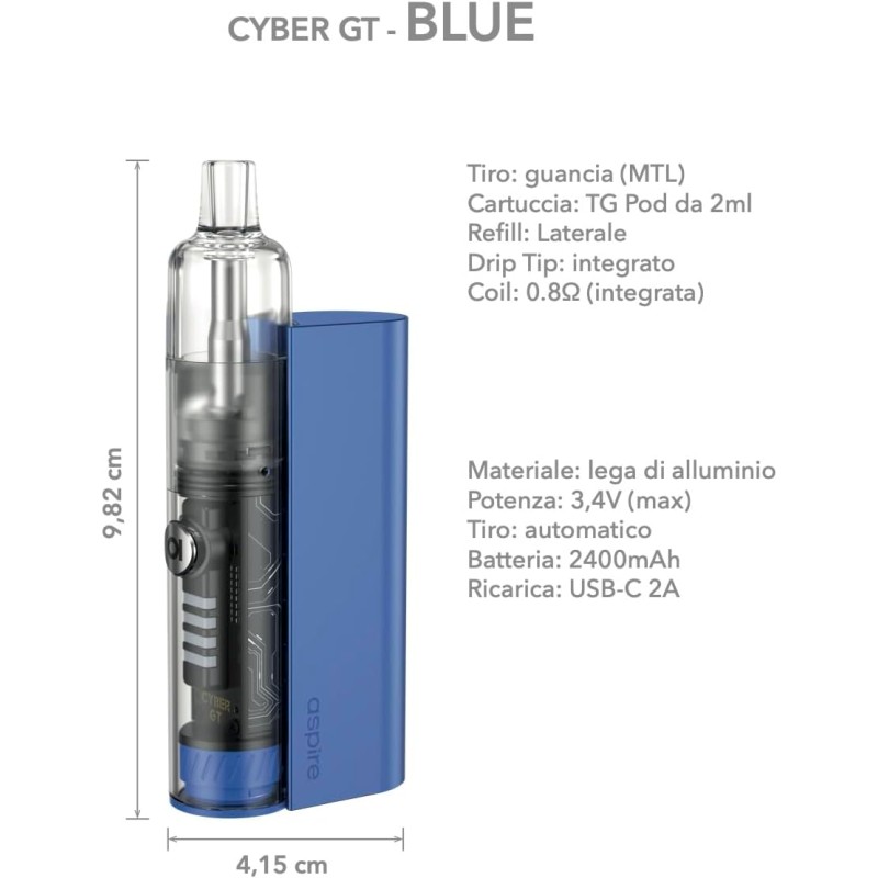 Aspire Cyber GT Sigaretta elettronica 3,4V per svapo di guancia (MTL) - Pod Mod con Batteria 2400mAh, TG Pod da 3ml con Drip Tip integrato e coil 0.8Ω - Senza Sticks, E-liquids, Ricariche (Blue) - Blue Aspire Cyber GT Sigaretta elettronica 3,4V per svapo di guancia (MTL) - Pod Mod con Batteria 2400mAh, TG Pod da 3ml con Drip Tip integrato e coil 0.8Ω - Senza Sticks, E-liquids, Ricariche (Blue) - Blue