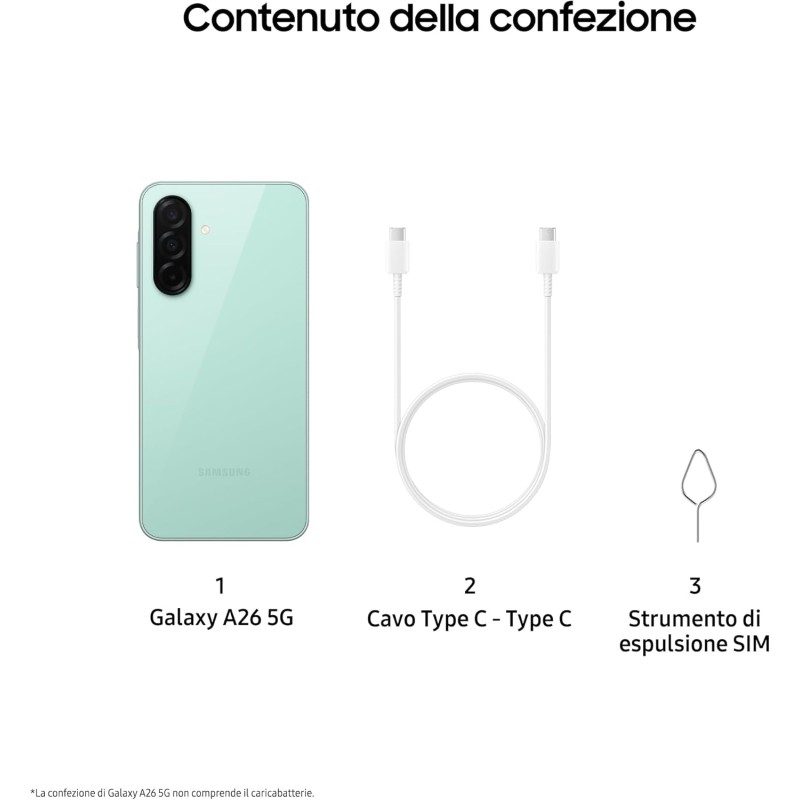 Samsung Galaxy A26 5G, Smartphone con Funzioni intelligenti, 3 anni di Garanzia del produttore, Display Super AMOLED 6.7”, 6GB RAM, 128GB, 5.000 mAh, memoria espandibile, Mint [Versione Italiana] - 6GB+128GB Mint
