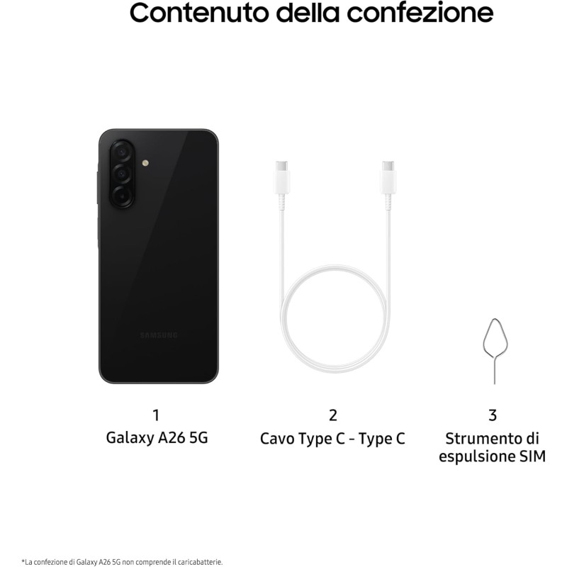 SAMSUNG Galaxy A26 5G, Smartphone con Funzioni intelligenti, 3 anni di Garanzia del produttore, Display Super AMOLED 6.7”, 6GB RAM, 128GB, 5.000 mAh, memoria espandibile, Black [Versione Italiana] - 6GB+128GB Black