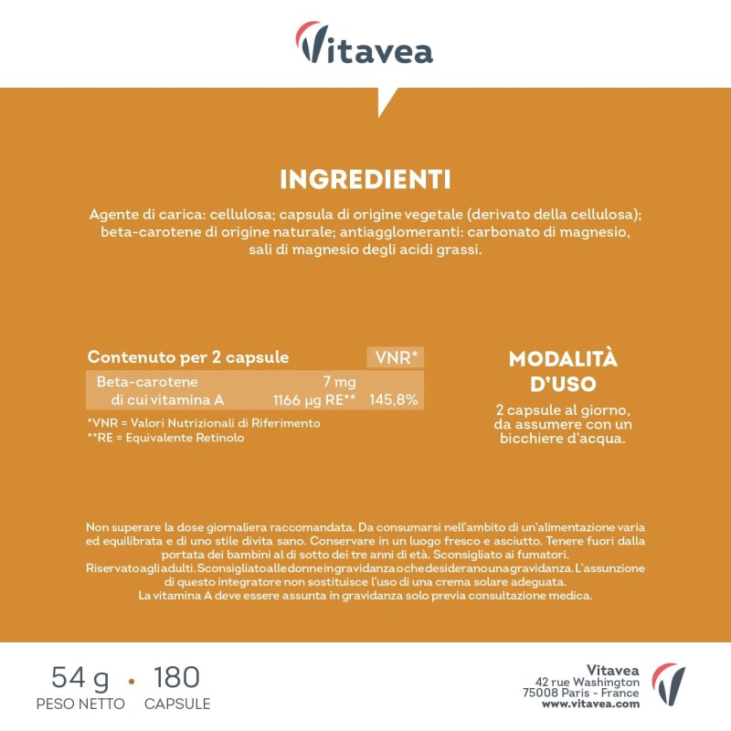 Betacarotene Integratore Pelle - Abbronzatura Dorata Uniforme e Vitamina A – Attivatore Abbronzante - Betacarotene Origine Naturale - Per Tutti i Tipi di Pelle - 180 Capsule Senza Additivi – Vitavea