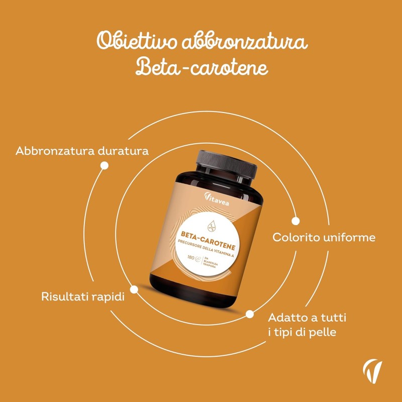Betacarotene Integratore Pelle - Abbronzatura Dorata Uniforme e Vitamina A – Attivatore Abbronzante - Betacarotene Origine Naturale - Per Tutti i Tipi di Pelle - 180 Capsule Senza Additivi – Vitavea