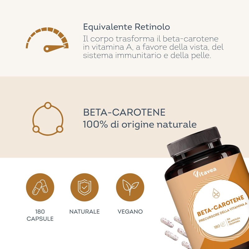 Betacarotene Integratore Pelle - Abbronzatura Dorata Uniforme e Vitamina A – Attivatore Abbronzante - Betacarotene Origine Naturale - Per Tutti i Tipi di Pelle - 180 Capsule Senza Additivi – Vitavea