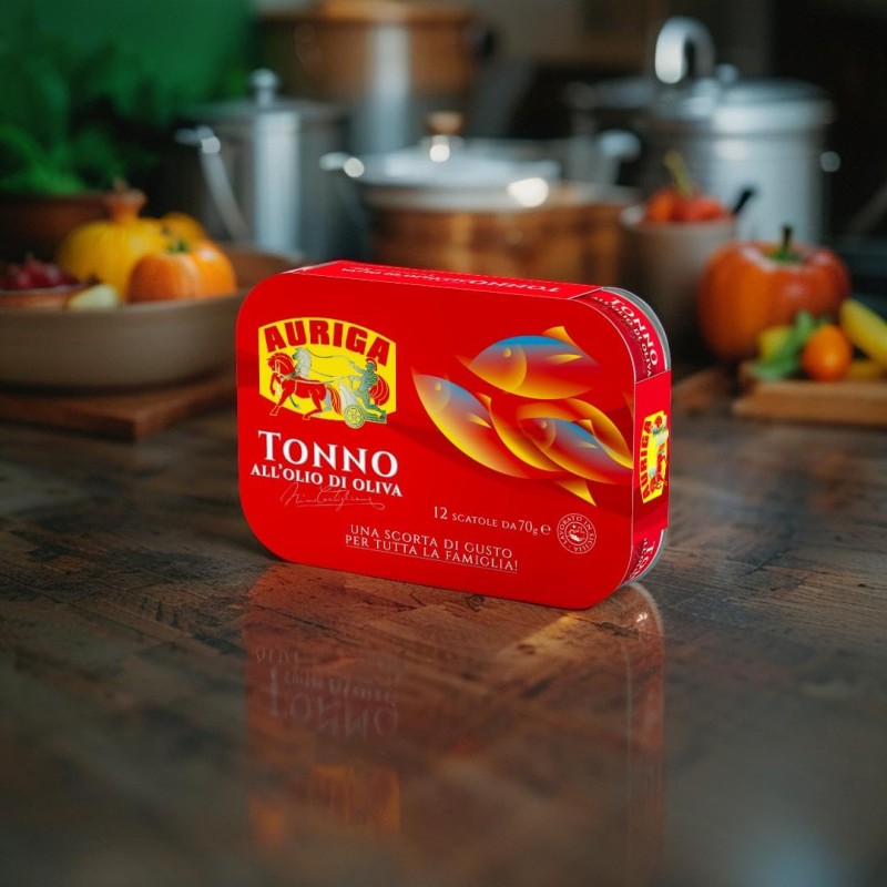 Tonno Auriga all'olio di oliva 70grx12. Formato scorta. Fonte di proteine.Senza conservanti.