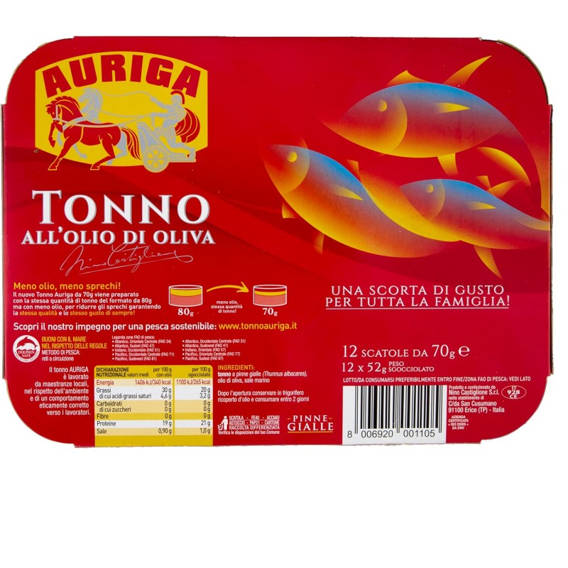 Tonno Auriga all'olio di oliva 70grx12. Formato scorta. Fonte di proteine.Senza conservanti.