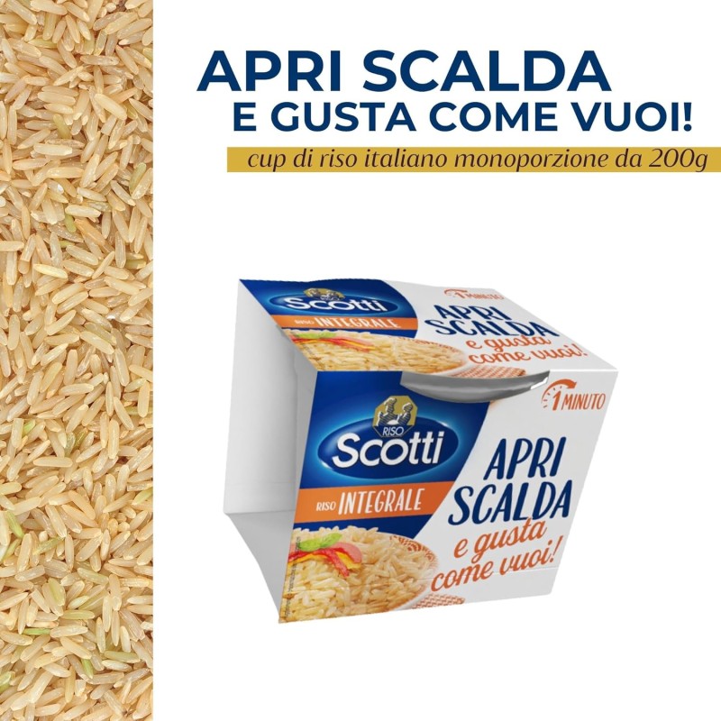 Riso Scotti, Apri Scalda e Gusta Integrale, Cup di Riso Italiano Monoporzione, Pronto in 1 Minuto, 200g