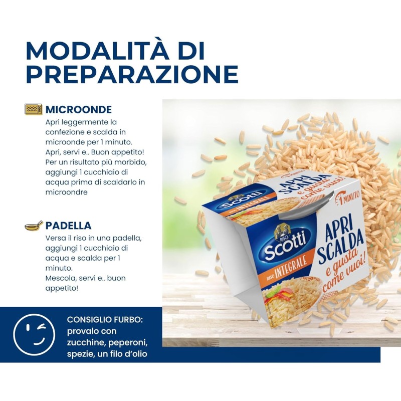 Riso Scotti, Apri Scalda e Gusta Integrale, Cup di Riso Italiano Monoporzione, Pronto in 1 Minuto, 200g
