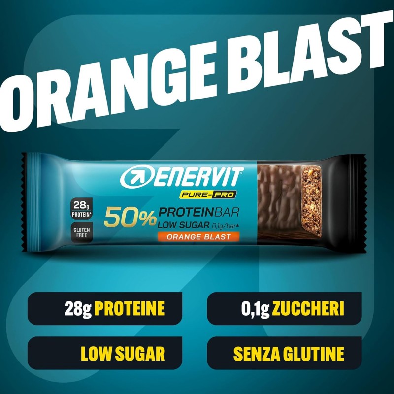Enervit Pure-Pro Protein Bar 50% Orange Blast, Barrette Proteiche Senza Zucchero e Senza Glutine, Snack Proteici con 30g Proteine Ideale Post Workout Intensi, Ripieno Gusto Arancia, 25 Barrette da 55g - 25 barrette da 55g
