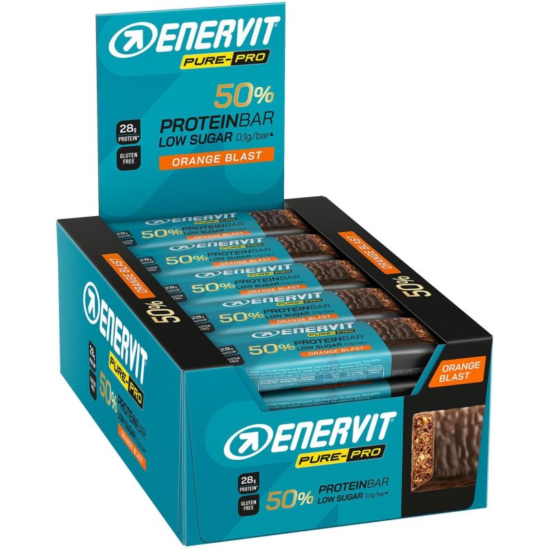 Enervit Pure-Pro Protein Bar 50% Orange Blast, Barrette Proteiche Senza Zucchero e Senza Glutine, Snack Proteici con 30g Proteine Ideale Post Workout Intensi, Ripieno Gusto Arancia, 25 Barrette da 55g - 25 barrette da 55g