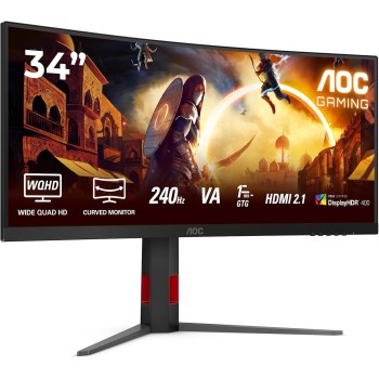 AOC Gaming CU34G4Z - Monitor curvo WQHD da 34 pollici, 240 Hz, FreeSync Prem., HDR400 3440x1440, 1ms GtG, 2x HDMI 2.1, 1x DisplayPort 1.4, USB Hub nero-rosso, 34 inch WQHD - 34" WQHD Curvo