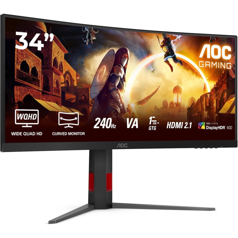 AOC Gaming CU34G4Z - Monitor curvo WQHD da 34 pollici, 240 Hz, FreeSync Prem., HDR400 3440x1440, 1ms GtG, 2x HDMI 2.1, 1x DisplayPort 1.4, USB Hub nero-rosso, 34 inch WQHD - 34" WQHD Curvo