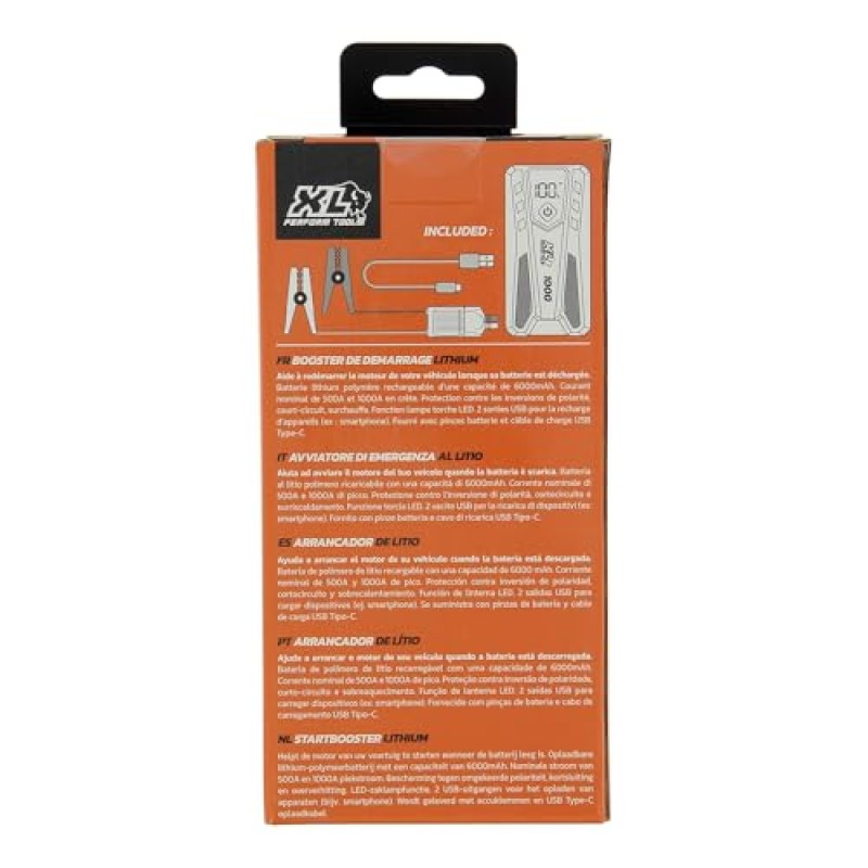 XL Perform Tools Booster Batteria Auto 1000A 6000mAh Litio - Avviatore 12V - Batteria Esterna USB - Torcia LED - Jump Starter XL Perform Tools Booster Batteria Auto 1000A 6000mAh Litio - Avviatore 12V - Batteria Esterna USB - Torcia LED - Jump Starter
