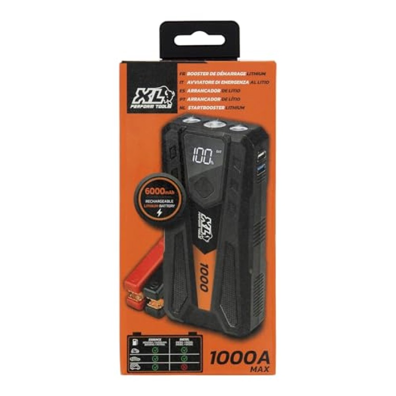 XL Perform Tools Booster Batteria Auto 1000A 6000mAh Litio - Avviatore 12V - Batteria Esterna USB - Torcia LED - Jump Starter XL Perform Tools Booster Batteria Auto 1000A 6000mAh Litio - Avviatore 12V - Batteria Esterna USB - Torcia LED - Jump Starter