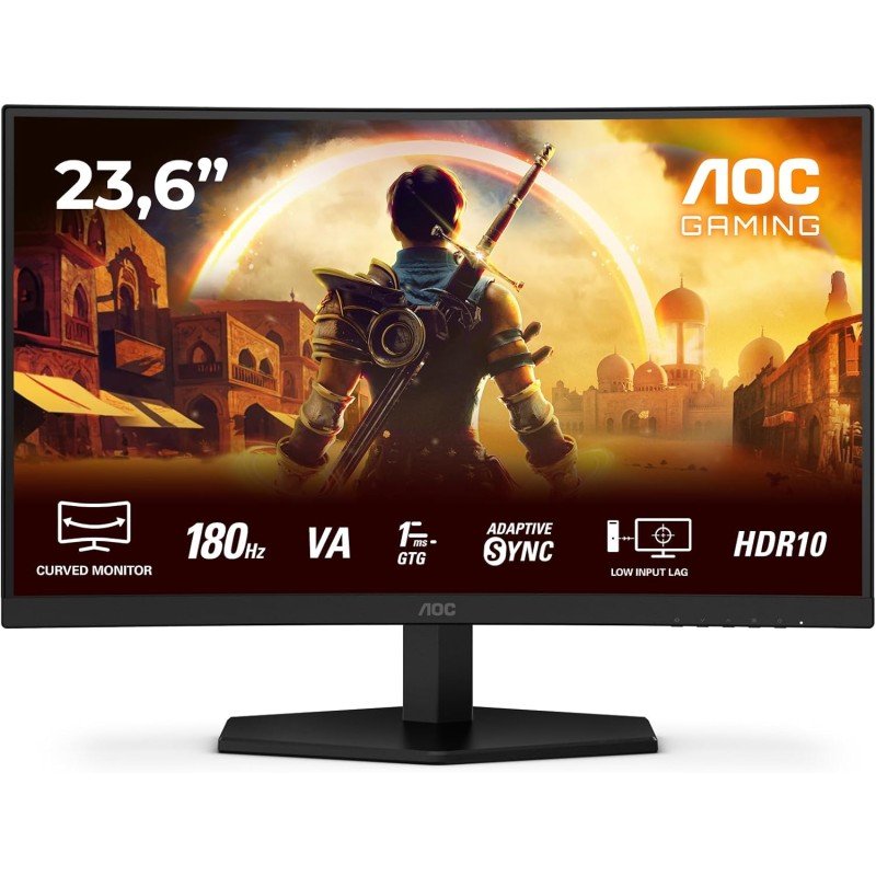 AOC Gaming C24G42E - Monitor curvo Full HD da 24 pollici, 180 Hz, 0,5 ms, FreeSync Premium 1920x1080, 1x HDMI 2.0, 1x DisplayPort 1.4 nero, 24 inch FHD, Altoparlanti - 24" FHD Curvo