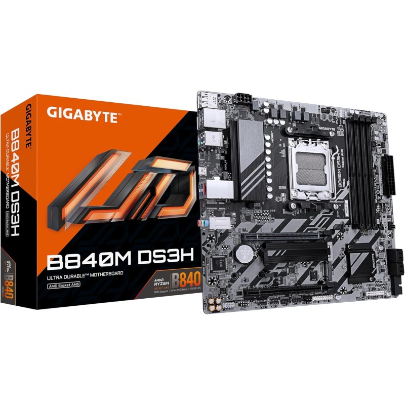GIGABYTE B840M DS3H Motherboard - AMD Ryzen 9000 CPU, 8+2+2 Phase VRM, Up to 8200MHz DDR5, 2xPCIe 4.0 M.2, LAN 2.5GbE, USB 3.2 Gen 1