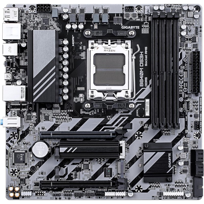 GIGABYTE B840M DS3H Motherboard - AMD Ryzen 9000 CPU, 8+2+2 Phase VRM, Up to 8200MHz DDR5, 2xPCIe 4.0 M.2, LAN 2.5GbE, USB 3.2 Gen 1