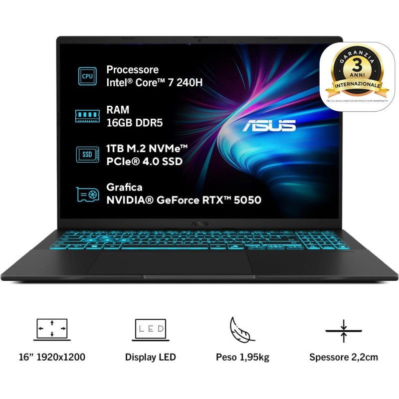 ASUS Vivobook 16 V3607VH#B0DXQCV4JB, Notebook con NVIDIA RTX 5050, Monitor da 16" Anti-glare, 144Hz, Processore Intel® Core™ 7 240H, RAM 16GB, 1TB SSD, Windows 11 Home, Nero - RAM 16GB / 1TB SSD