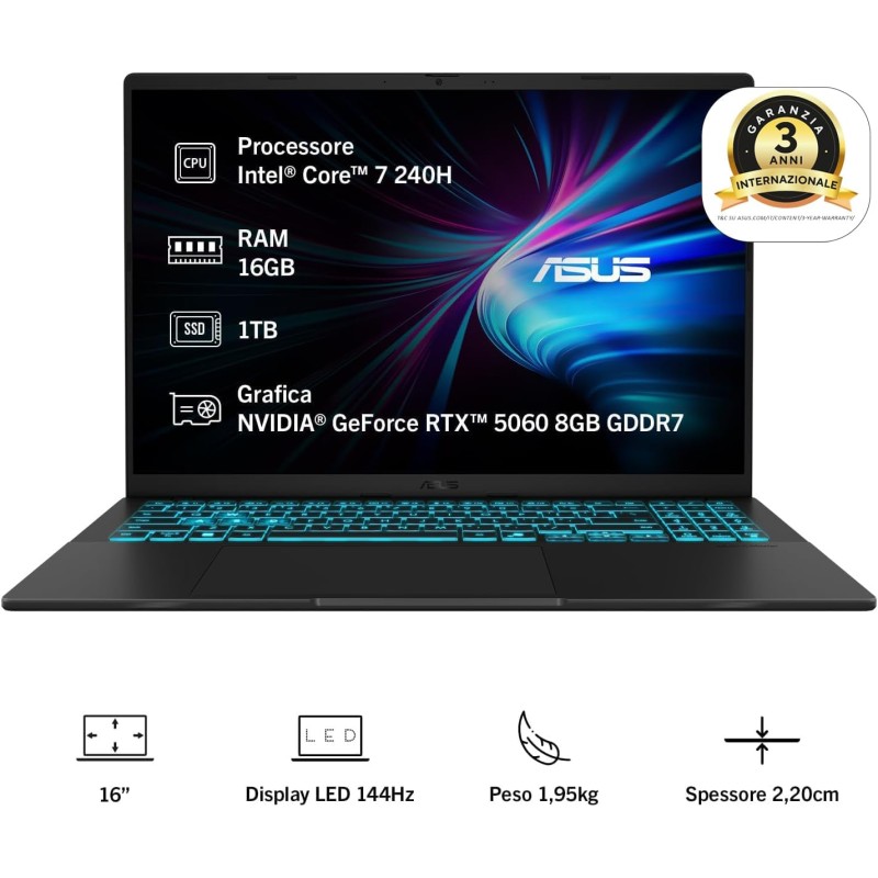 ASUS Vivobook 16 V3607VM#B0DXQDHTDN, Notebook con Monitor da 16" Anti-glare, 144Hz, Processore Intel® Core™ 7 240H, RAM 16GB, 1TB SSD, NVIDIA® GeForce RTX™ 5060 8GB GDDR7, Win 11Home, Nero - RAM 16GB / 1TB SSD