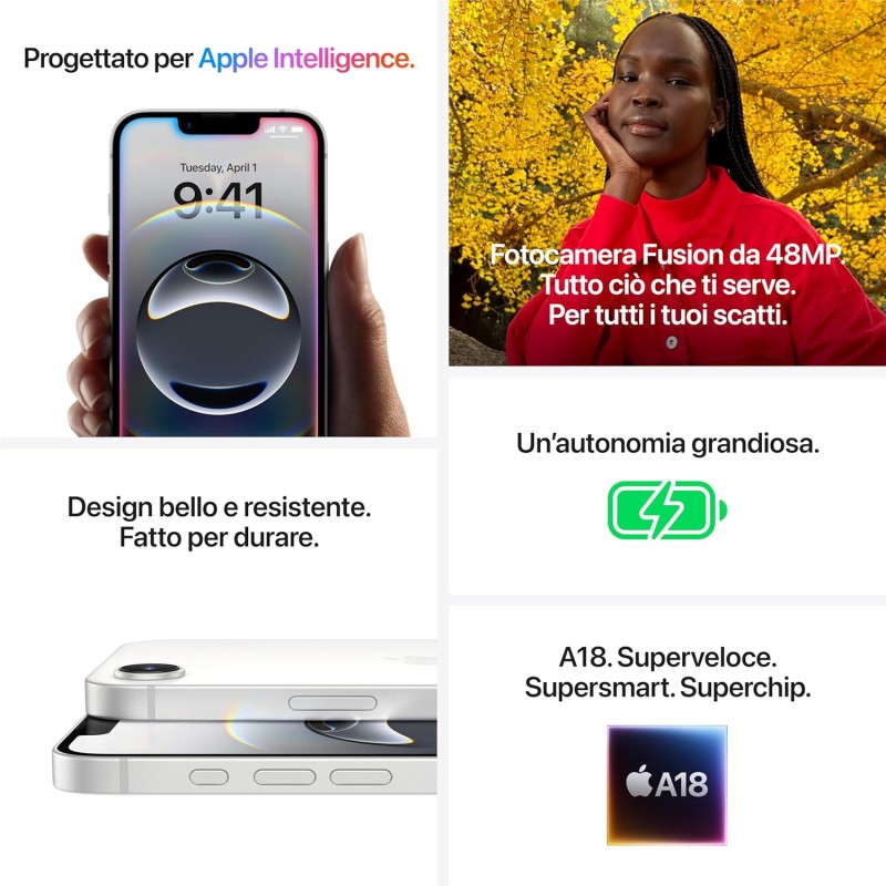 iPhone 16e 256 GB: progettato per Apple Intelligence, con chip A18, un’autonomia grandiosa, fotocamera Fusion da 48MP e display Super Retina XDR 6,1"; Bianco - 256 GB bianco iPhone 16e 256 GB: progettato per Apple Intelligence, con chip A18, un’autonomia grandiosa, fotocamera Fusion da 48MP e display Super Retina XDR 6,1"; Bianco - 256 GB bianco
