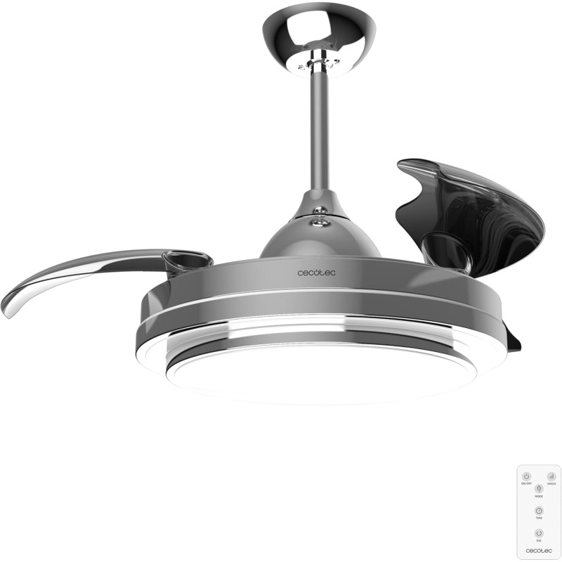 Cecotec Ventilatore da Soffitto con Luce LED Energysilence Aero 4300 Invisible Double Metal, 35W, 6 Velocità, Pale Retrattili, Doppia Luce, Telecomando, Timer, Luce Regolabile, Design Elegante - Inox