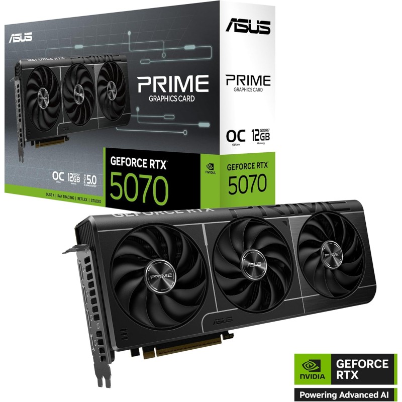 ASUS PRIME NVIDIA GeForce RTX 5070 OC Edition, Scheda Grafica 12 GB GDDR7, 192 Bit, PCIe 5.0, Design a 2,5 Slot, 3 Ventole Axial-Tech, 1 HDMI 2.1, 3 DisplayPort 2,1, Nera, PRIME-RTX5070-O12G - 12 GB ASUS PRIME NVIDIA GeForce RTX 5070 OC Edition, Scheda Grafica 12 GB GDDR7, 192 Bit, PCIe 5.0, Design a 2,5 Slot, 3 Ventole Axial-Tech, 1 HDMI 2.1, 3 DisplayPort 2,1, Nera, PRIME-RTX5070-O12G - 12 GB