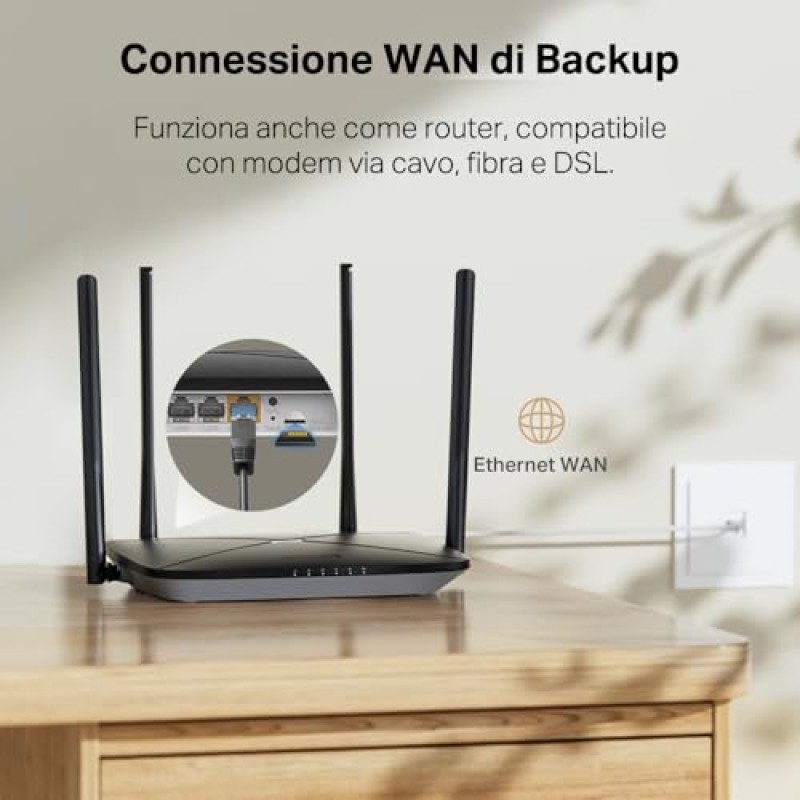 Mercusys MB115-4G Router WiFi con Sim, 4 Antenne Ad Alto Guadagno, 4G LTE Wireless N300Mbps, 3 Porte LAN+1 Porta LAN/WAN, WAN Connection Backup, Parental/LED Control, VPN, SMS, APP, Plug&Play