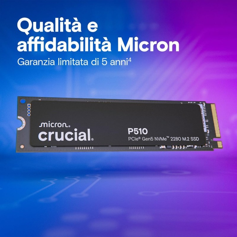 Crucial P510 SSD 1TB PCIe 5.0 x4 Gen5 NVMe M.2, Velocità fino a 11.000 MB/s Lettura, 9.500 MB/s in Scrittura, Compatibile con Notebook e PC Desktop, TLC NAND, Hard Disk Interno - CT1000P510SSD8-01 - 1TB