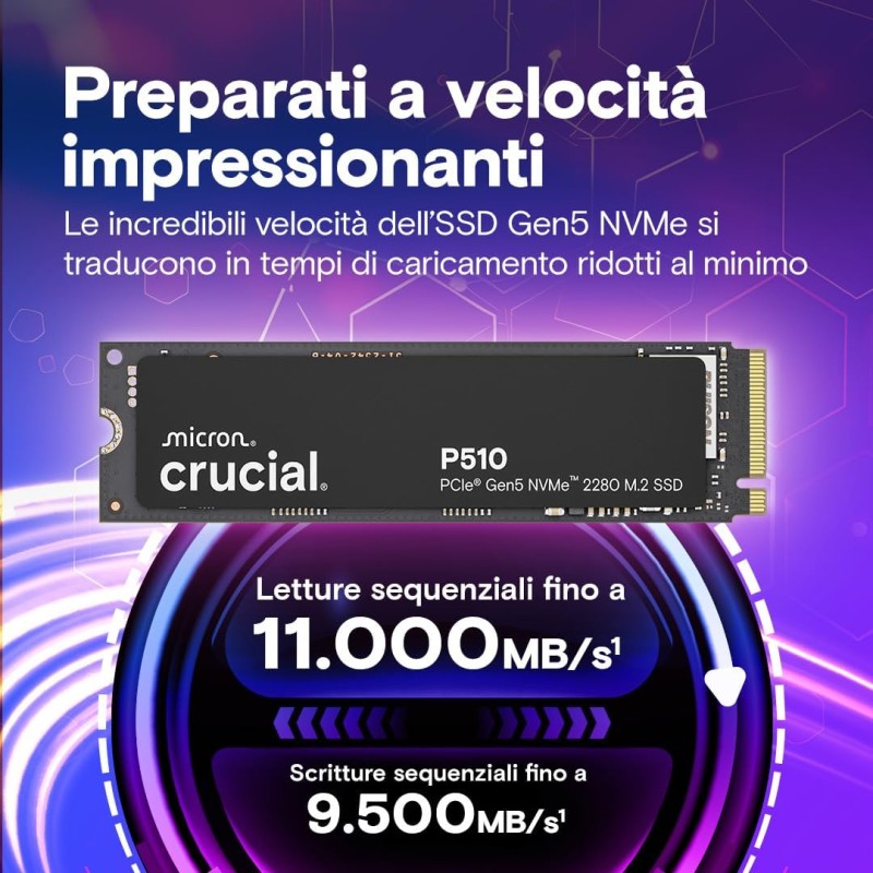 Crucial P510 SSD 1TB PCIe 5.0 x4 Gen5 NVMe M.2, Velocità fino a 11.000 MB/s Lettura, 9.500 MB/s in Scrittura, Compatibile con Notebook e PC Desktop, TLC NAND, Hard Disk Interno - CT1000P510SSD8-01 - 1TB