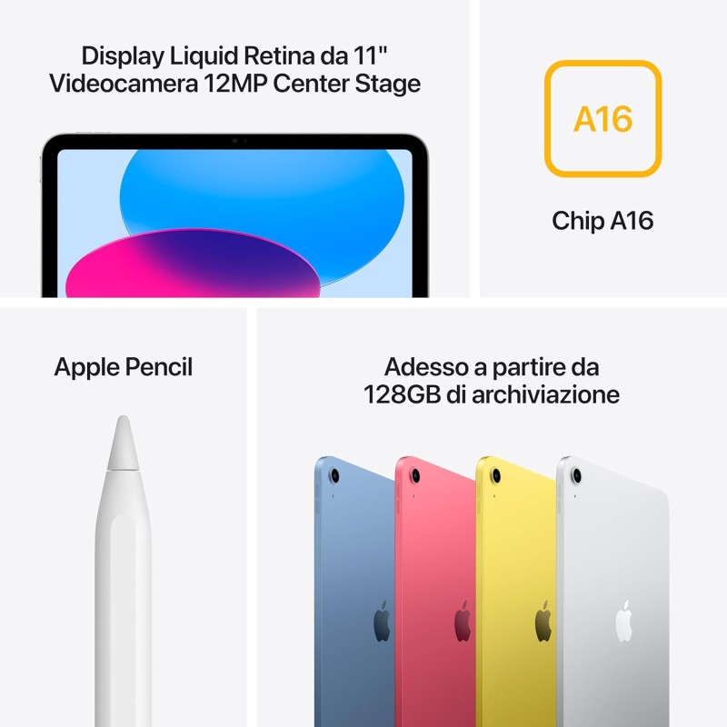 Apple iPad con chip A16: display Liquid Retina da 11'', 128 GB, Wi Fi 6, fotocamera frontale e posteriore da 12MP, Touch ID, autonomia di un giorno intero di batteria — Argento - 128 GB Argento Apple iPad con chip A16: display Liquid Retina da 11'', 128 GB, Wi Fi 6, fotocamera frontale e posteriore da 12MP, Touch ID, autonomia di un giorno intero di batteria — Argento - 128 GB Argento