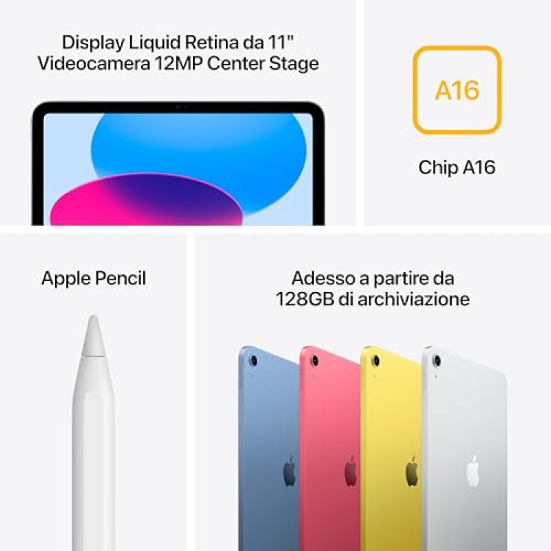 Apple iPad con chip A16: display Liquid Retina da 11'', 128 GB, Wi Fi 6, fotocamera frontale e posteriore da 12MP, Touch ID, autonomia di un giorno intero di batteria — Azzurro - 128 GB Azzurro Apple iPad con chip A16: display Liquid Retina da 11'', 128 GB, Wi Fi 6, fotocamera frontale e posteriore da 12MP, Touch ID, autonomia di un giorno intero di batteria — Azzurro - 128 GB Azzurro