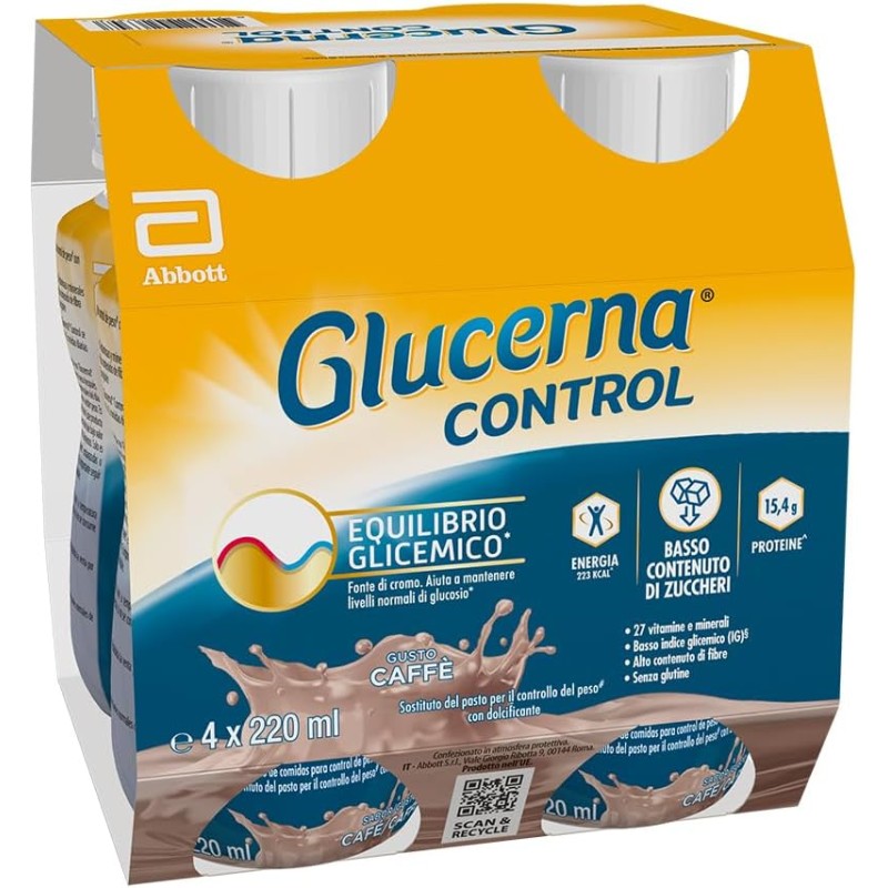 Glucerna Control | Equilibrio Glicemico | Pasto Sostitutivo con Basso Contenuto di Zuccheri| Confezione 4x220 ml, Gusto Caffè