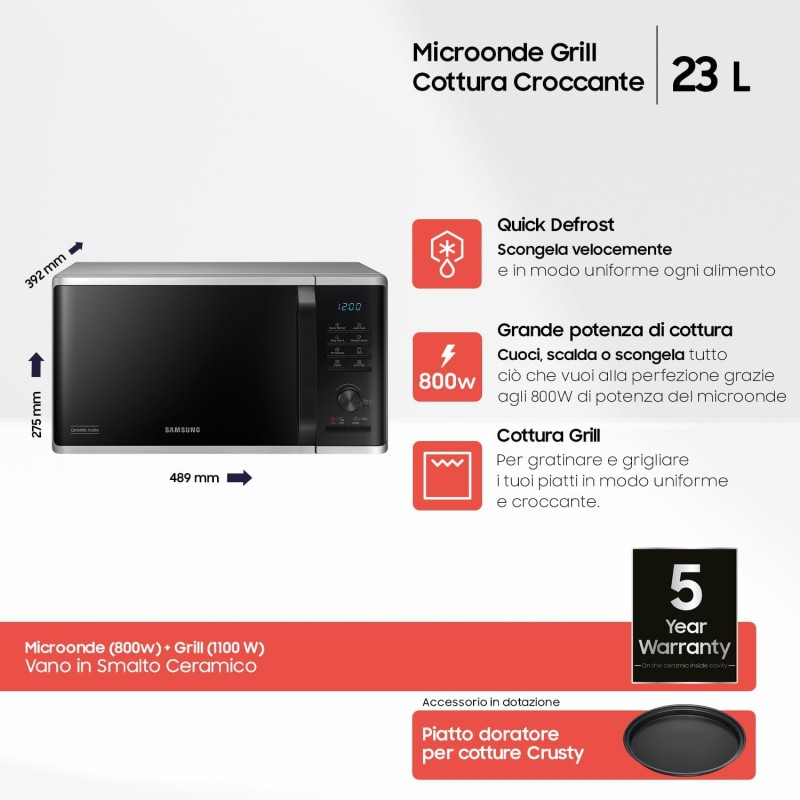 Samsung Forno a Microonde Grill Cottura Croccante MG23K3515CSE1 con Piatto Doratore incluso, Programmi Automatici, Quick Defrost, Capacità: 23L, Colore: Silver, LxAxP: 48,9 x 27,5 x 39,2 cm - Silver