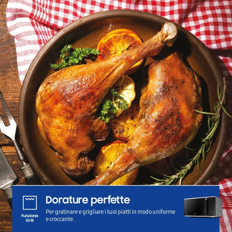 Samsung Forno a Microonde Grill Cottura Croccante MG23K3515CSE1 con Piatto Doratore incluso, Programmi Automatici, Quick Defrost, Capacità: 23L, Colore: Silver, LxAxP: 48,9 x 27,5 x 39,2 cm - Silver