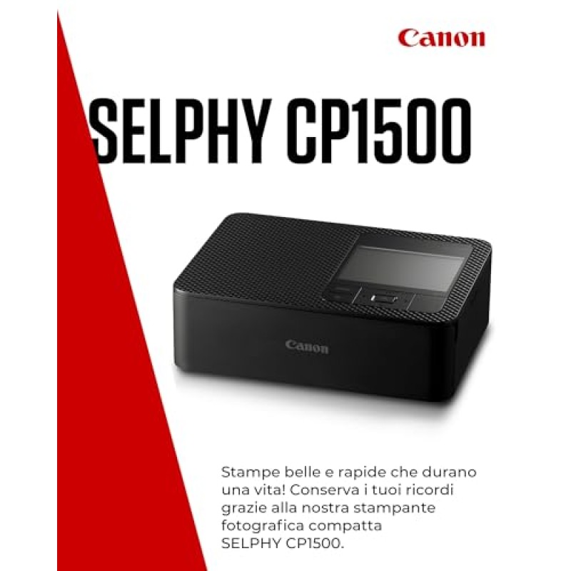 Canon Stampante fotografica portatile SELPHY CP1500 con kit carta, nero - Stampante Bluetooth wireless con accessori - Compatta e leggera - Con 54 fogli di carta 4x6 - Nero